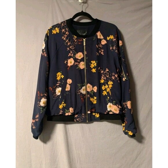 Sanctuary Jackets & Blazers - Sanctuary Womens Bomber Jacket Large Navy Pink Yellow Floral Polyester Zip Lined